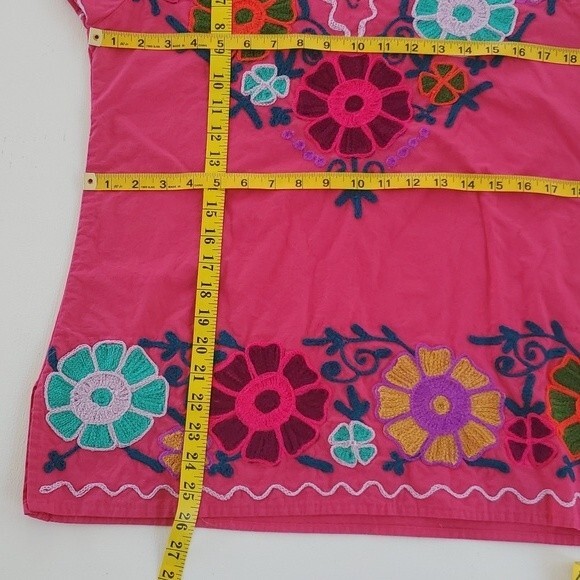 VINTAGE Hot Pink Chainstitch Embroidered Floral Clap Sleeve Shirt Large - Picture 9 of 9